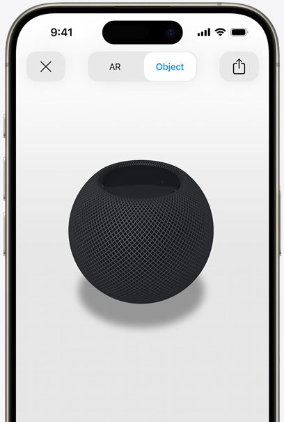 HomePod gris sidéral en réalité augmentée sur l’écran d’un iPhone.
