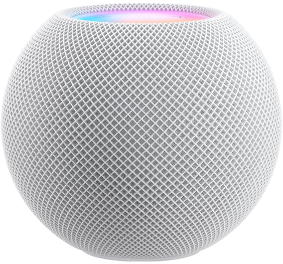 White, Blue and Orange HomePod mini speakers stacked in front of each other and shot from the side. Siri is activated.