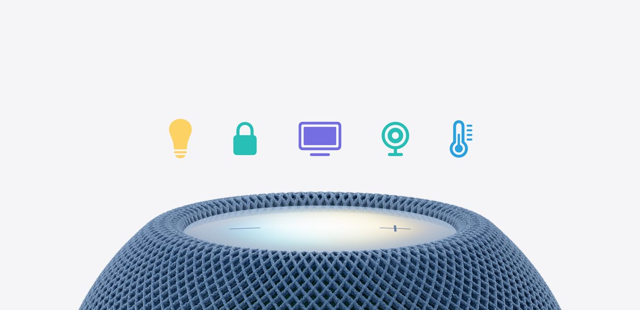HomePod mini 2, parte superior, color azul, superficie táctil iluminada, cinco íconos de accesorios de smart home arriba: foco, candado, televisión, cámara de seguridad, termómetro