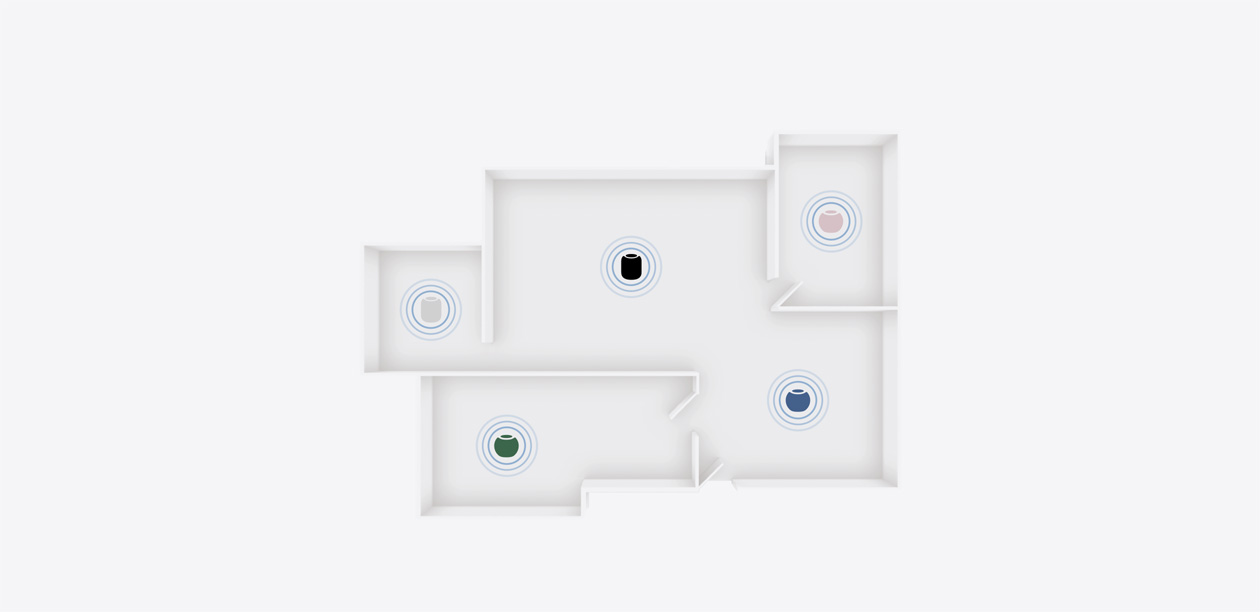 Bocinas HomePod y HomePod mini 2 en distintos colores ubicadas en diferentes ambientes en el plano de una casa