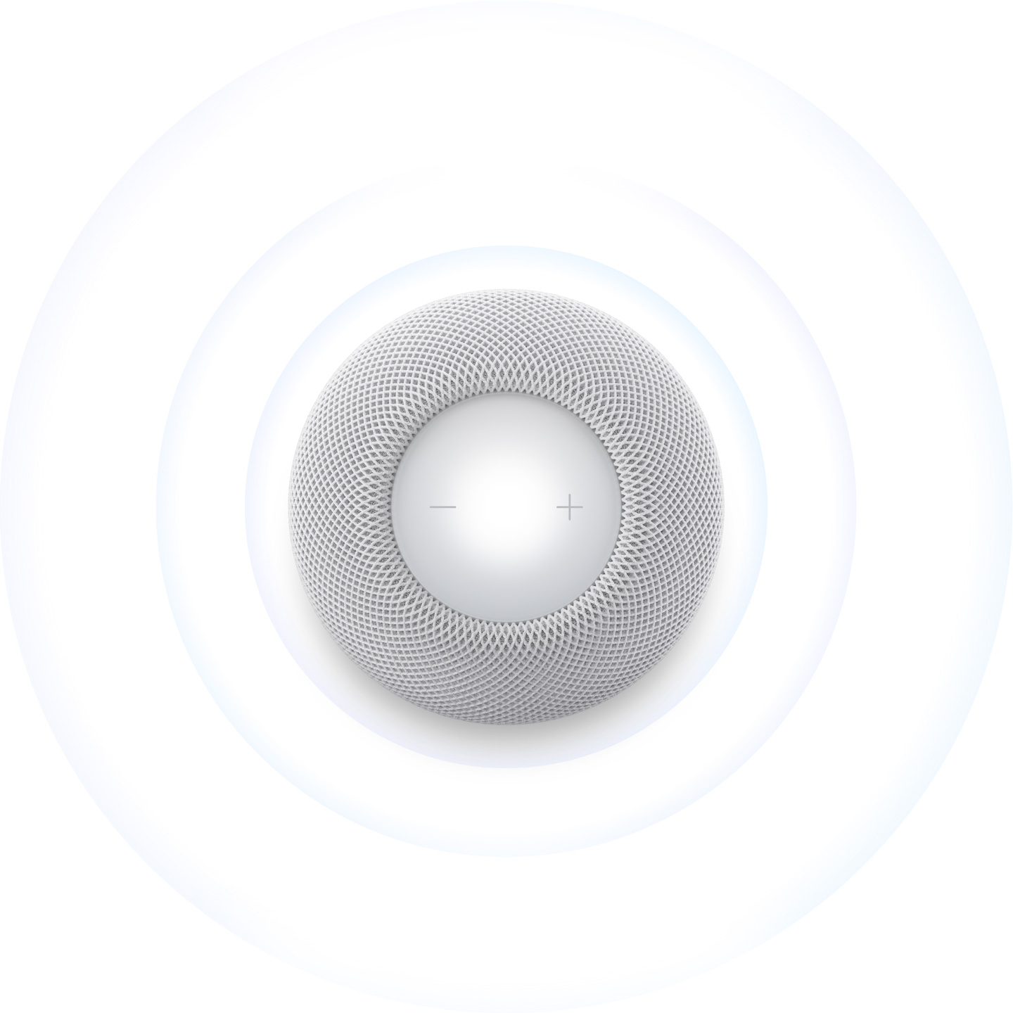HomePod mini 2, color blanco, vista desde arriba, con ondas de sonido concéntricas azul claro que se propagan hacia fuera desde la bocina