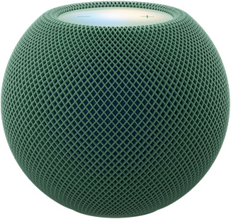 グリーン（ダークグリーン）のHomePod mini 2、前面の外観。コンパクトな球形のデザイン、シームレスな音響メッシュ生地。トップの外観、フラットなバックライトタッチサーフェス、マルチカラーのイルミネーション