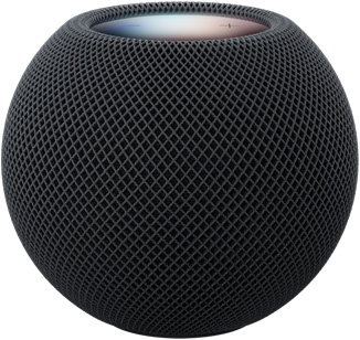ミッドナイトのHomePod mini 2、前面の外観。コンパクトな球形のデザイン、シームレスな音響メッシュ生地。トップの外観、フラットなバックライトタッチサーフェス、マルチカラーのイルミネーション