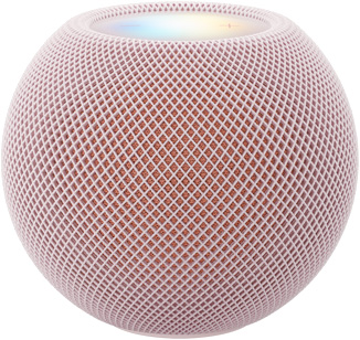ピンク（ライトピンク）のHomePod mini 2、前面の外観。コンパクトな球形のデザイン、シームレスな音響メッシュ生地。トップの外観、フラットなバックライトタッチサーフェス、マルチカラーのイルミネーション