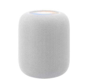 Un HomePod (2e génération), blanc, face avant, design cylindrique, tissu maillé acoustique sans couture. Face supérieure, surface tactile plate rétroéclairée, illumination multicolore