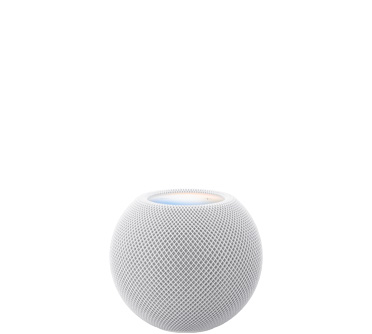 Un HomePod mini 2, blanc, face avant, design sphérique compact, tissu maillé acoustique sans couture. Face supérieure, surface tactile plate rétroéclairée, illumination multicolore