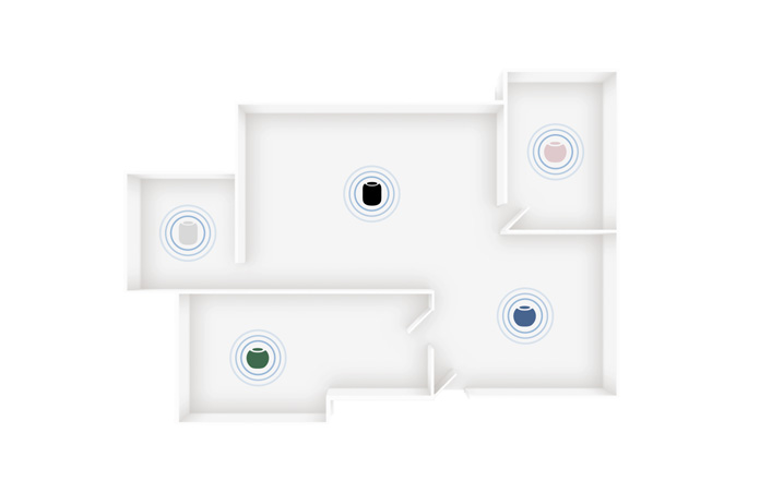Des haut-parleurs HomePod et HomePod mini 2 de différentes couleurs placés dans différentes pièces sur un plan de maison