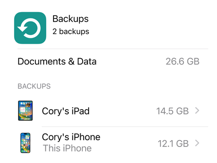 Ekran przedstawiający informację o ilości danych z backupu w iCloud