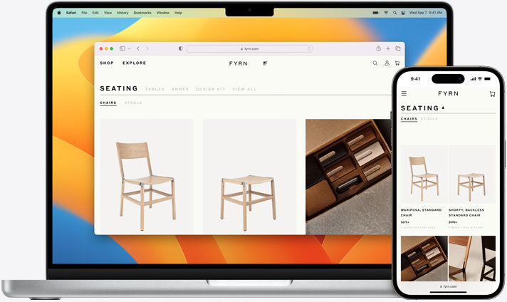 Écrans de MacBook et d’iPhone affichant la même page Safari ouverte sur les deux appareils