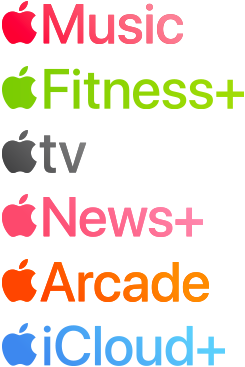 Apple subscription services logotypes including Apple Music, Fitness+, Apple TV+, Apple News+, Apple Arcade, iCloud+