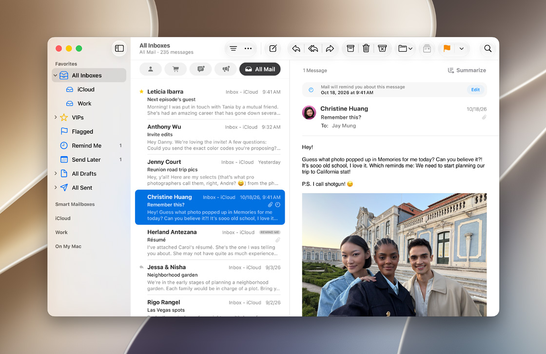 Screen of iCloud Mail inbox integration
