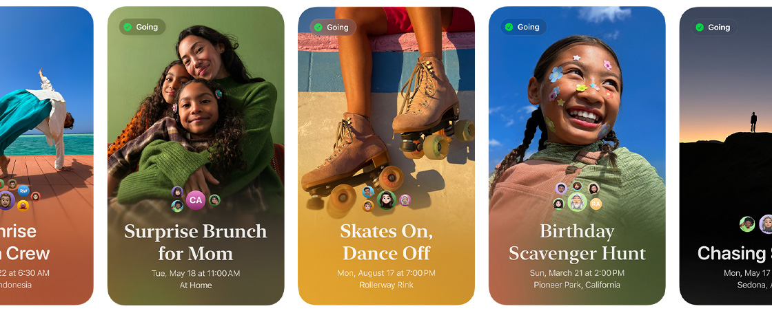 Row of Apple Invites featuring colorful custom photography for events called Surprise Brunch for Mom; Skates On, Dance Off; and Birthday Scavenger Hunt