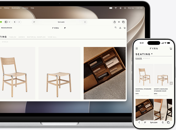 Macbook and iPhone screens of the same Safari page open on both devices
