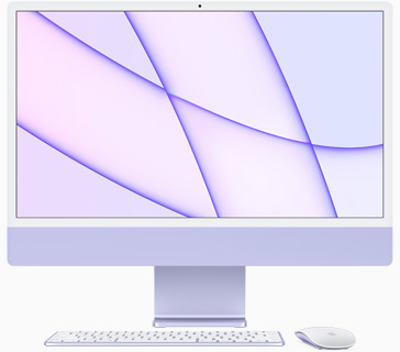 Изглед отпред на iMac във виолетово
