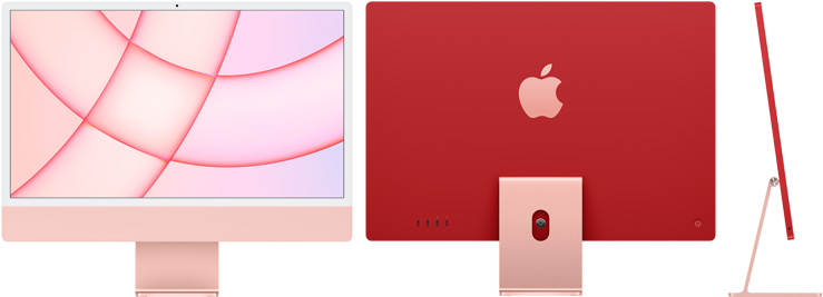 iMac i rosa sett forfra, bakfra og fra siden