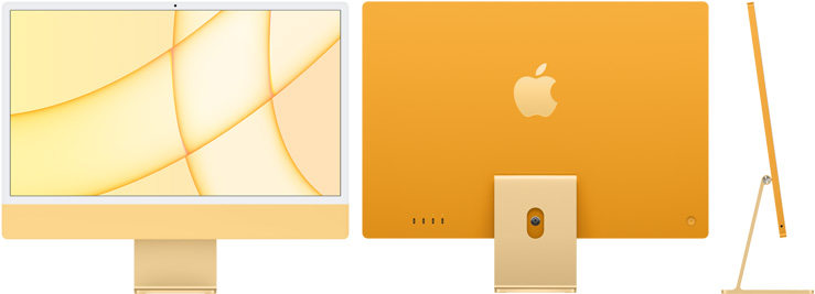 Vorder-, Rück- und Seitenansicht des iMac in Gelb