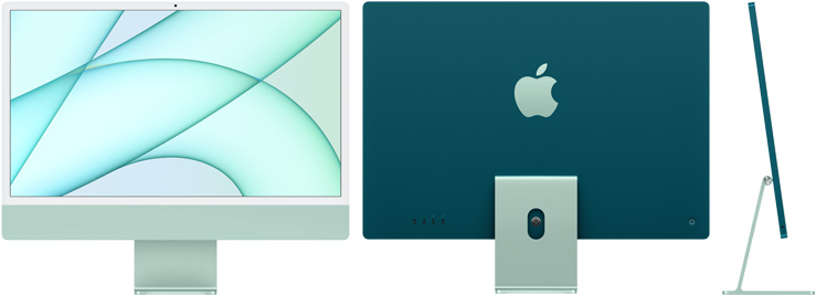 Prednji, stražnji i bočni prikaz iMaca zelene boje