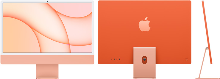橙色 iMac 的正面、背面和側面圖