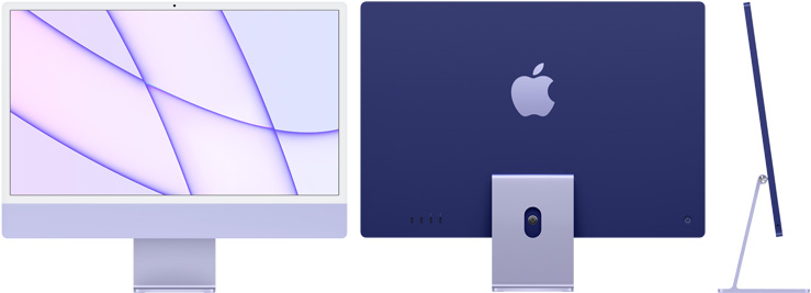 Vorder-, Rück- und Seitenansicht des iMac in Violett