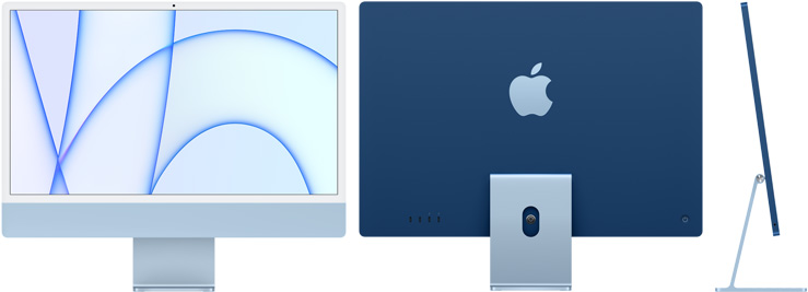 Vorder-, Rück- und Seitenansicht des iMac in Blau
