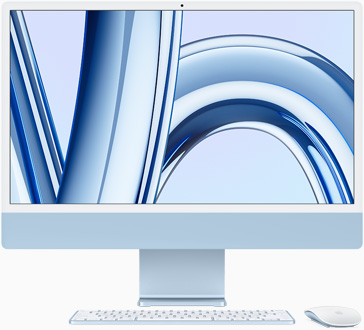 Una iMac azul con la pantalla mirando al frente