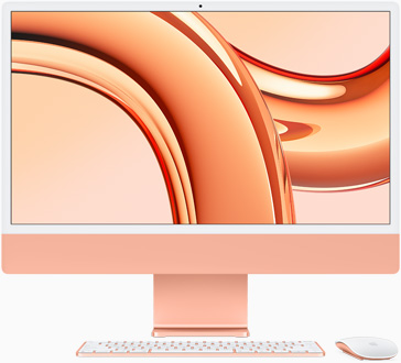 Una iMac naranja con la pantalla mirando al frente