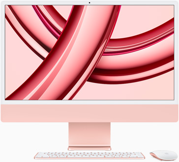 iMac, screen facing front, in pink