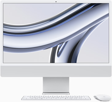 صورة تعرض جهاز iMac باللون الفضي وشاشته موجهة للأمام