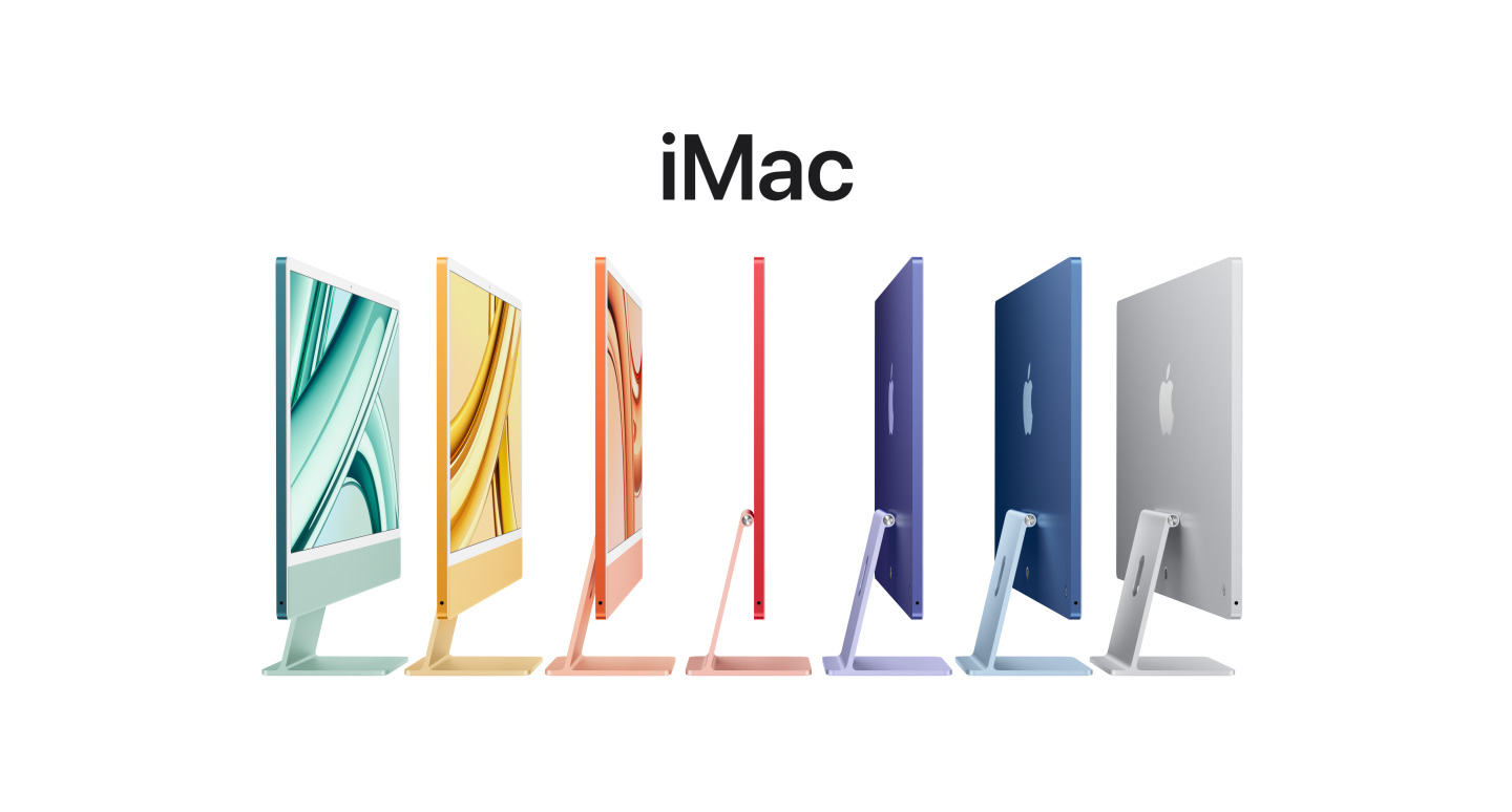 Zelený, žlutý, oranžový, růžový, fialový, modrý a stříbrný 24palcový iMac stojí v řadě za sebou a zezadu jsou vidět loga Apple