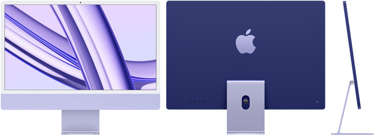 Front, back and side view of iMac in purple