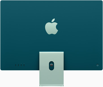 Bagian belakang iMac dengan logo Apple di tengah di atas dudukan, dalam warna hijau