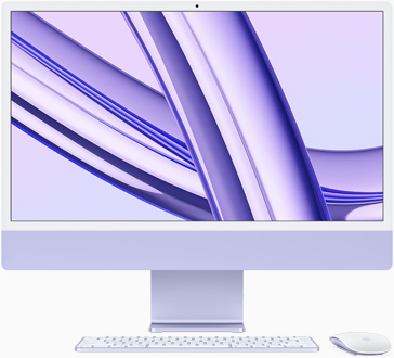 iMac, screen facing front, in purple