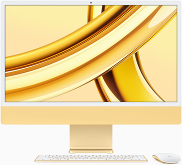 iMac com o ecrã virado para a frente, em amarelo