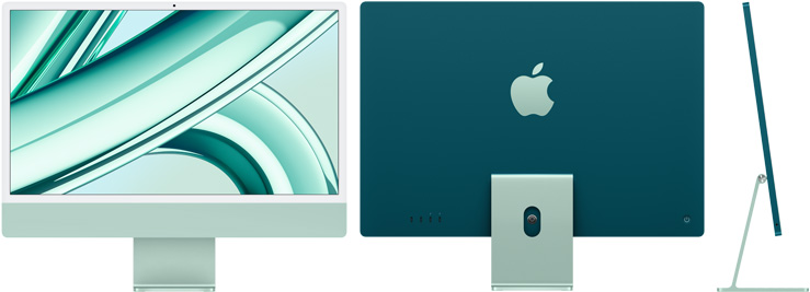 Přední, zadní a boční strana zeleného iMacu