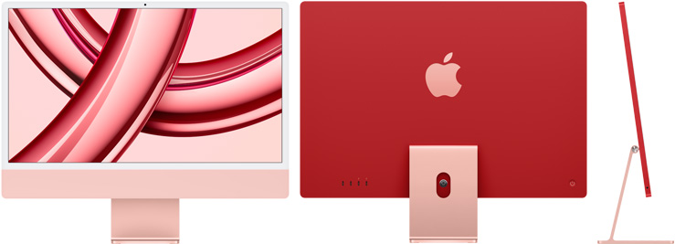 iMac w kolorze różowym z przodu, z tyłu i z boku