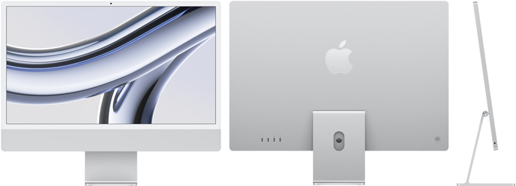 Ezüsztszínű iMac elöl-, hátul- és oldalnézetből