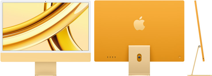 Predná, zadná a bočná strana žltého iMacu