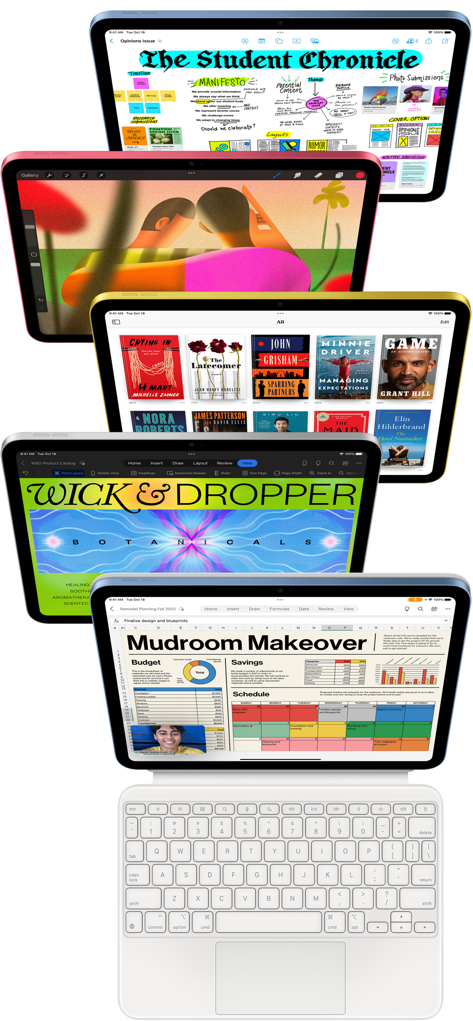 Na ekranach ustawionych przodem iPadów widać różne apki Apple i aplikacje z App Store.