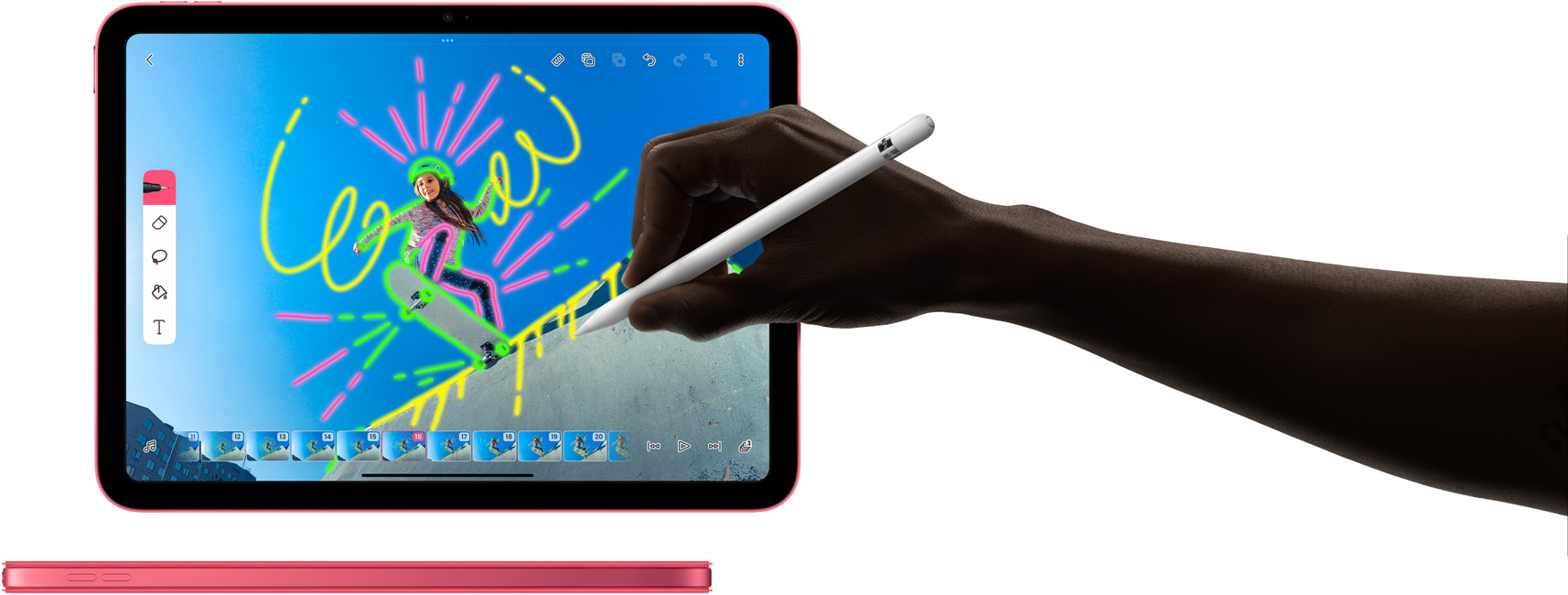 Использование Apple Pencil в FlipaClip и вид сбоку розового iPad с соответствующей обложкой Smart Folio