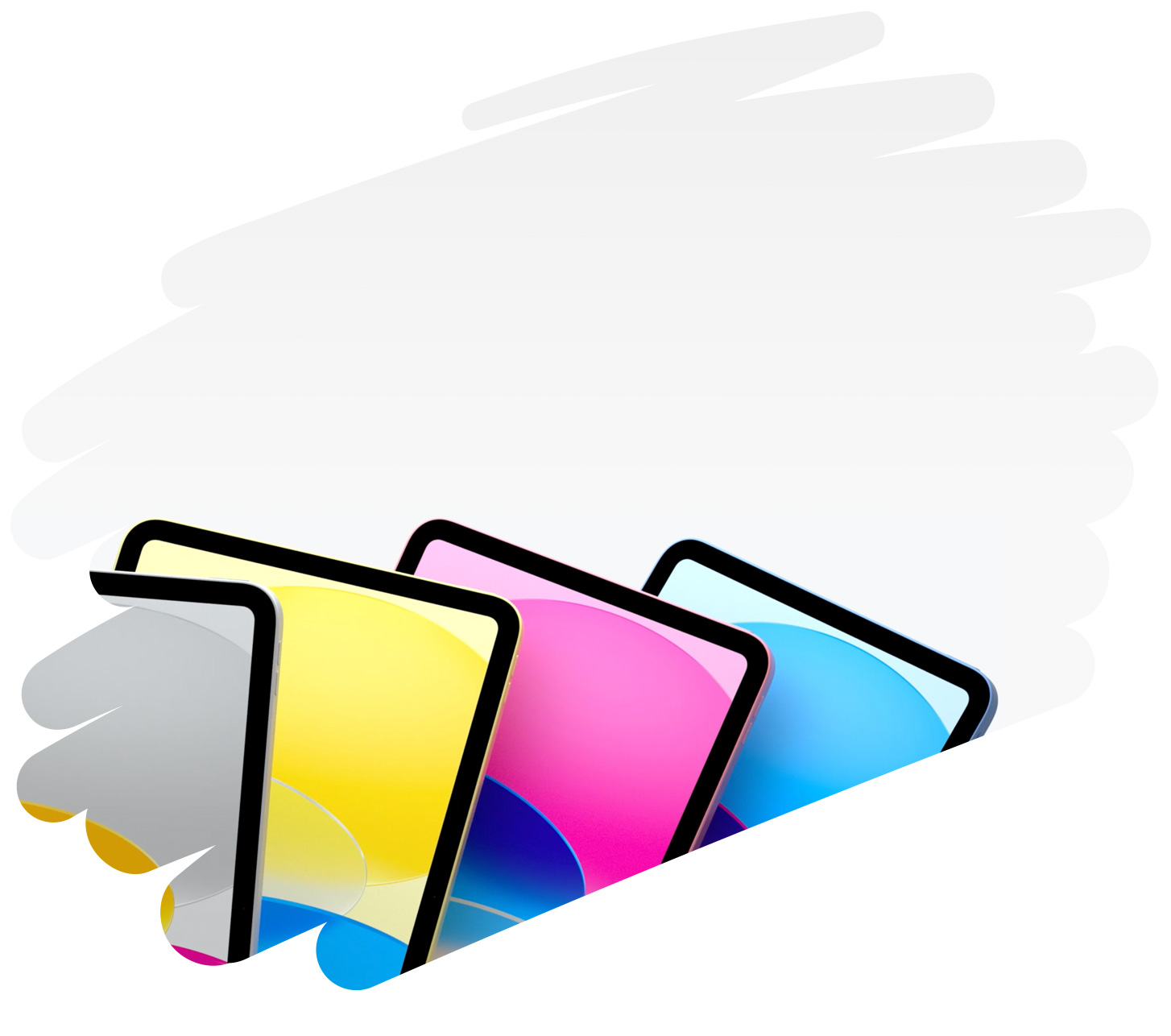 Färgglada iPad-modeller som visas inuti ett stort penndrag på sidan.