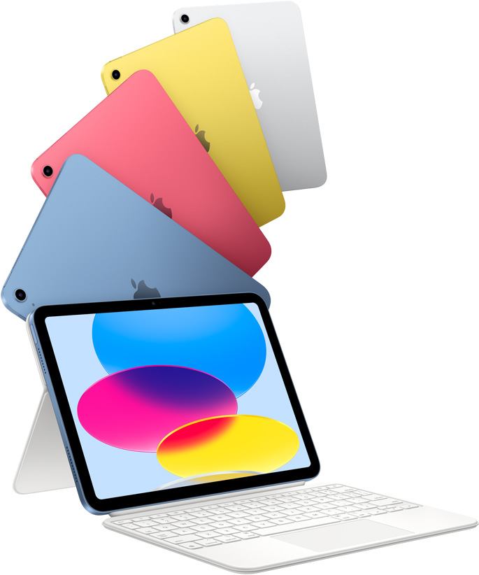 iPad v modré, růžové, žluté a stříbrné a iPad s připojeným Magic Keyboard Foliem.