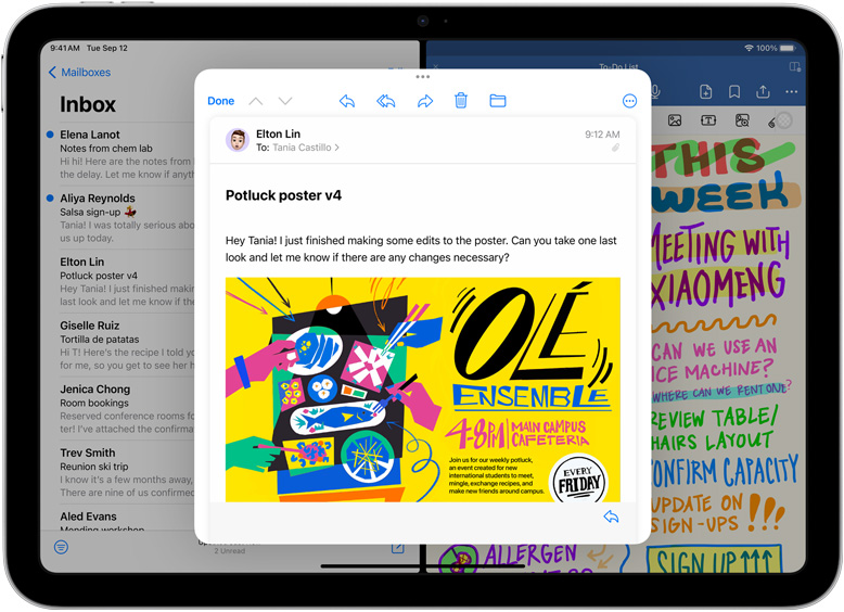 Mail и GoodNotes едно до друго на iPad. В друг прозорец е отворен имейл.