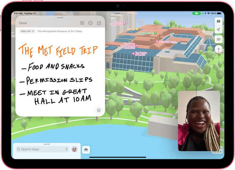 O Notiță rapidă în Hărți, împreună cu un thumbnail FaceTime pe iPad.