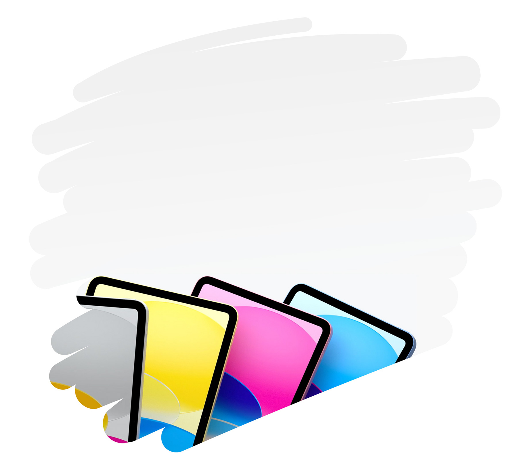 Färgglada iPad-modeller som visas inuti ett stort penndrag på sidan.