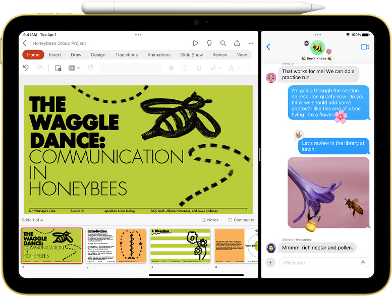 Powerpoint och Meddelanden visas i Split View på iPad med en Apple Pencil som sitter fast magnetiskt.