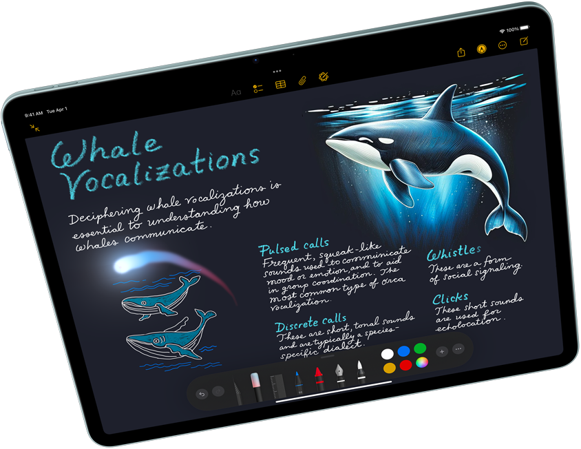 Orientasi lanskap iPad Air menampilkan Apple Intelligence dengan Image Playground, dan Keynote, Apple Pencil Pro