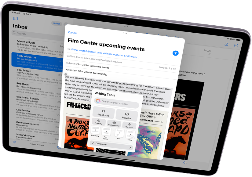 Orientasi lanskap iPad Air menampilkan Apple Intelligence, dengan Alat Menulis dan Mail