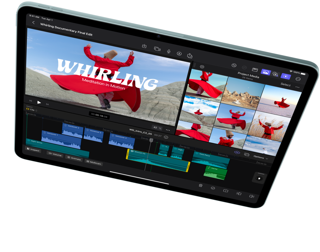 iPad Air dalam orientasi lanskap, menampilkan pengeditan video di Final Cut Pro