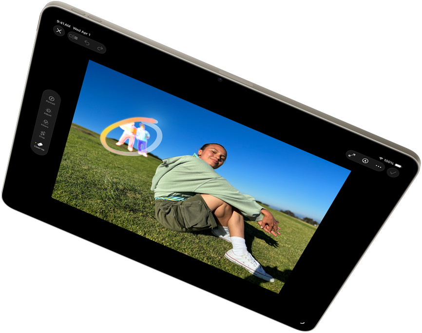 iPad Air M4 256GB Landscape view of iPad Air showcasing Apple Intelligence with the Clean up tool in Photos app