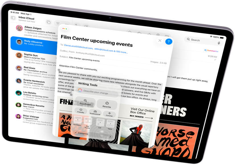 iPad Air M4 256GB Landscape view of iPad Air showcasing Apple Intelligence, with Writing Tools and Mail